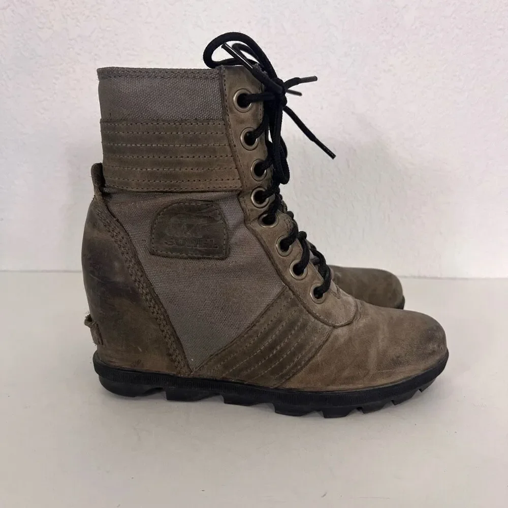 Sorel Grey Leather & Canvas Mid Calf‎ Lace Up Booties Size 7